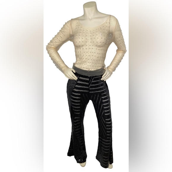 FASHION CLASSIC COLLECTION Nude Sheer Mesh See Through Pearl Diamond Crop Top, L - Picture 7 of 16